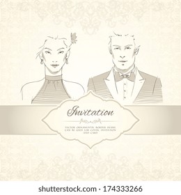 Classical wedding invitation card with man and woman portraits vector illustration