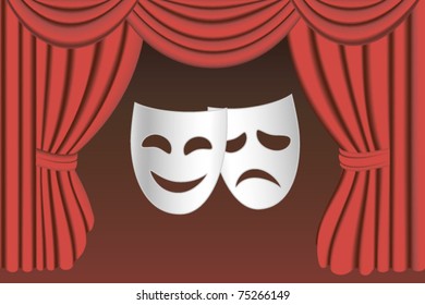 classical white theater masks and classical red theater curtains