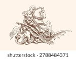 Classical woodcut etching vector graphic of a medieval armored knight riding a horse slaying a dragon, traditional European folklore art.