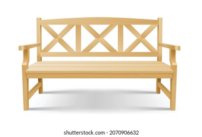 Classical wooden bench with armrests. Outdoor relaxation element, yellow bench decoration of patio, garden and park. Exterior comfortable furniture. Realistic 3d vector illustration