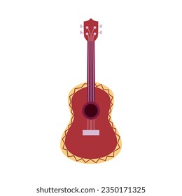 Classical wooden guitar. String musical instrument. Small acoustic guitar or ukulele. Rock or jazz, Mexican or Latin party equipment. Vector illustration isolated on white background