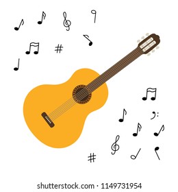 Classical wooden guitar. String plucked musical instrument. Small acoustic guitar or ukulele. Rock or jazz equipment. Sticker with contour.