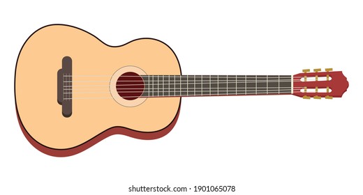 Classical wooden guitar. String plucked musical instrument. Rock or jazz equipment. Vector illustration isolated on white background. Classic guitar for your design and business.