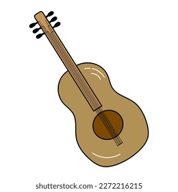 Classical wooden guitar. String plucked musical instrument. Small acoustic guitar or ukulele. Rock or jazz equipment. Sticker with contour. Isolated on white background. Vector illustration