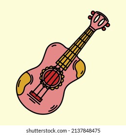Classical wooden guitar vector icon. Hand drawn illustration isolated on white background. Vintage musical instrument with strings. Color clipart with outline, for decoration and design