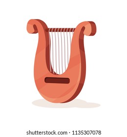 Classical wooden lyre with metal strings. Stringed musical instrument. Small U-shaped harp. Flat vector icon