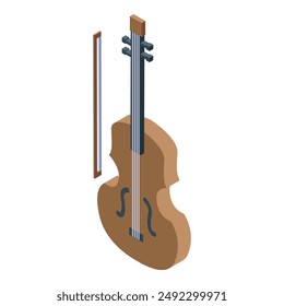 Classical wooden violin with bow for playing classical music isometric icon