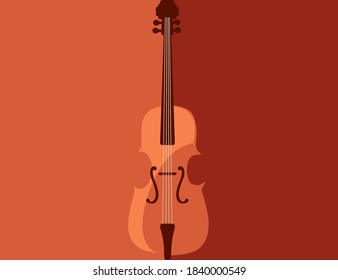Classical wooden violin musical instrument flat vector illustration on red and orange background