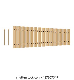 Classical wooden xylophone with mallets, isolated on white background. Flat vector illustration
