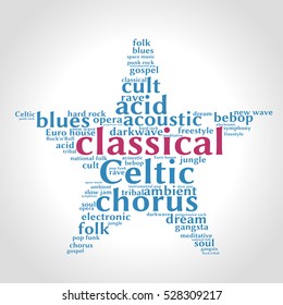 Classical. Word cloud, five-pointed star, gradient grey background. Music concept.