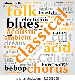 Classical. Word cloud, square, gradient grey background. Music concept.	
