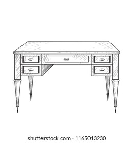  Classical work desk . Vintage image of furniture.Hand-drawn vector illustration in a sketch style. Interior.