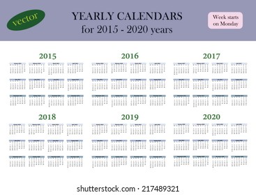 Classical yearly calendars for 2015-2020 years. Week starts on Monday.