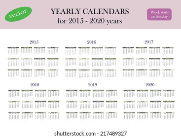 Classical yearly calendars for 2015-2020 years. Week starts on Sunday.