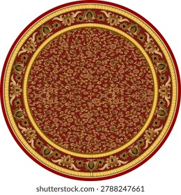 A classically elegant traditional Persian or Turkish-style round circular area 
carpet presented on a clean white background, featuring a rich crimson red 
circular field entirely covered with a dense all-over botanical vine pattern 
of olive green acanthus leaf scrollwork, small chrysanthemum and carnation 
floral clusters, and delicate curved vine tendrils in warm golden amber and 
deep olive tones — creating a richly textured yet balanced surface with no 
central medallion, which is a distinctive and rare design choice in traditional 
oriental carpet art. The absence of a central medallion gives this piece a 
modern and versatile quality while retaining its deeply traditional character, 
making it adaptable to both classic and contemporary interior settings. 
The circular field is framed by a wide cream ivory ring border adorned with 
large-scale tulip, pomegranate, and botanical floral motifs in warm golden 
amber, olive green, and deep burgundy tones — classically spaced for maximum 
visual impact. A twisted rope-style golden yellow geometric stripe separates 
the ivory border from the inner field and the outer navy blue edge, adding 
a refined architectural layering detail. The bold deep navy blue circular 
outer edge completes the composition with striking contrast. Presented as 
a clean cutout on pure white background — ready for immediate e-commerce 
and catalog use. Ideal for luxury interior design presentations, dining room 
and living room decor references, boutique hotel and hospitality design 
catalogs, rug product e-commerce listings, and commercial or editorial use 
in print and digital media.