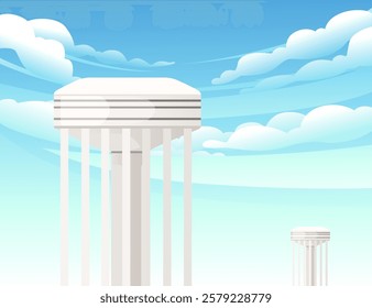 Classical-style white water tower with multiple tall pillars. Elevated cylindrical water tank. Vector illustration with cloud sky background