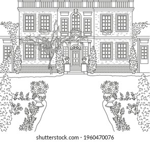 Classicism building line art, Retro brick house coloring page, House and flowers hand-drawn illustration vector
