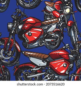 A classic-looking motorcycle - hand-drawn sketch. Seamless Pattern