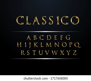 Classico, Juego de letras del alfabeto giratorio dorado letras mayúsculas con hojas florales y manchas doradas aisladas en fondo negro. 