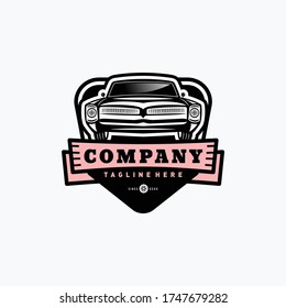 Classic/vintage car vector design inspiration. Auto car logo design template. Classic vehicle symbol logotype. A classic car symbol silhouette. circle car simple line art logo.