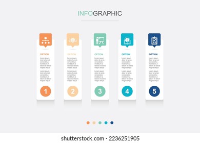 Classification, Data processing, training, knowledge, result icons Infographic design template. Creative concept with 5 steps