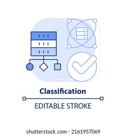 Classification light blue concept icon. Data mining method abstract idea thin line illustration. Categorize applications. Isolated outline drawing. Editable stroke. Arial, Myriad Pro-Bold fonts used