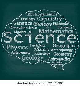  La classification des sciences est présentée sous la forme d'un cerveau dessiné sur un tableau noir. Illustration vectorielle, effet de texte du dessin au crayon, 
gribouiller 