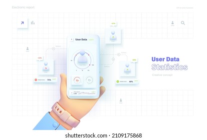 Classification of user data. The hand holds the phone. Mobile application for data analysis and accounting. File management. Sharing. Electronic report. Vector illustration in 3d style