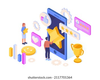 Classification Using Stars. Customers Evaluating Employee, Product, Or Company. Feedback And Statistics. Character Chooses Number Of Stars On Smartphone Screen. Volumetric Vector Illustration