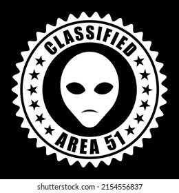 Classified area 51 label. Alien head vector sign. Humanoid face symbol icon. Extraterrestrial logo. Science fiction stamp. Ufo and sci-fi character illustration image.