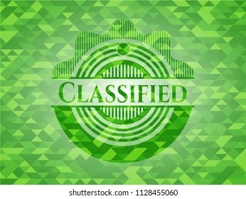 Classified green emblem with triangle mosaic background