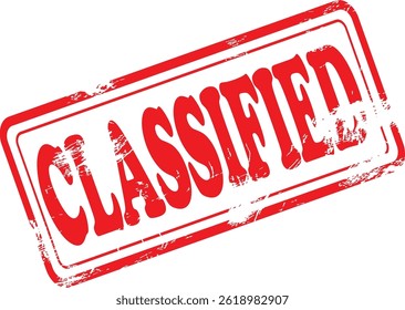 Classified Grunge Rubber Stamp in Red on White Background. Perfect for business documents, office use, administrative purposes, and graphic design projects.
