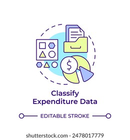 Classify expenditure data multi color concept icon. Spend data management. Information classification. Round shape line illustration. Abstract idea. Graphic design. Easy to use in infographic