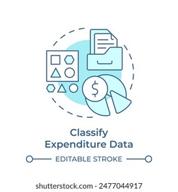 Classify expenditure data soft blue concept icon. Spend data management. Information classification. Round shape line illustration. Abstract idea. Graphic design. Easy to use in infographic