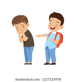 Classmate laughing and pointing at sad boy, bad behavior, conflict between kids, mockery and bullying at school vector Illustration on a white background