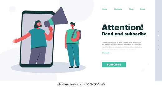 Classmate with megaphone on huge phone screen giving news to boy. Girl sharing information flat vector illustration. Communication, education, technology concept for website design or landing web page