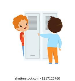 Classmate mocking a boy who hiding behind the door, bad behavior, conflict between kids, mockery and bullying at school vector Illustration on a white background