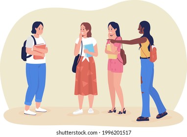 Classmates bullies 2D vector isolated illustration. Peer pressure and bullying in high school. Teens attack pupil flat characters on cartoon background. Teenager problem colourful scene