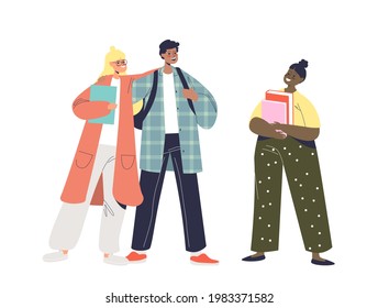 Classmates cheerful talking. Happy kids going back to school. Teenagers schoolchildren students meeting. Kids friends and friendship concept. Cartoon flat vector illustration