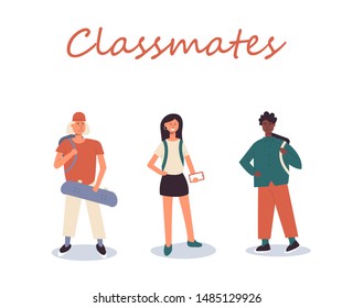Classmates. Collection of 3 young people - happy guy with skateboard in hat, smiling girl with phone and funny african american guy. Concept of back to school, university. Flat vector illustration