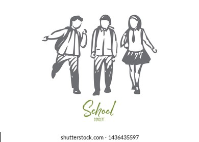 Classmates concept sketch. Happy preteen children meeting before school. Friends having fun after class. Walking to lessons together. Schoolchildren, schoolkids. Isolated vector illustration