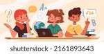 Classmates at exam concept. Little boys and girls at lesson in school. Education and study for children. Getting knowledge. Characters with books and laptop. Cartoon modern flat vector illustration