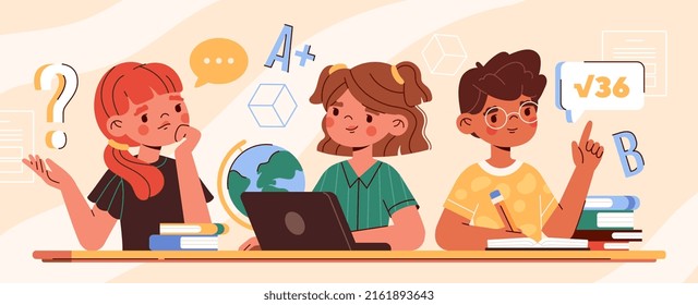 Classmates at exam concept. Little boys and girls at lesson in school. Education and study for children. Getting knowledge. Characters with books and laptop. Cartoon modern flat vector illustration