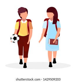 Classmates flat vector illustration. Schoolboy and schoolgirl with backpacks cartoon characters isolated on white. Preteen schoolchildren going to school, home. Girl with book and boy with ball