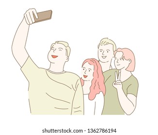 Classmates gathering friends taking selfie on smartphone photo vector isolated characters photography on frontal camera girls and boys modern technology photoshot peace gesture smiling faces