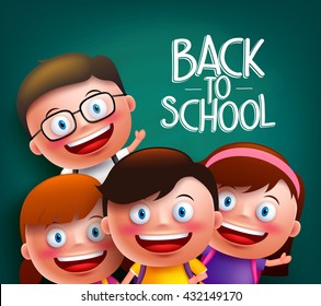 Classmates kids vector characters with smart happy faces for back to school with backpacks in a chalkboard background. Vector illustration
