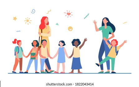 Classmates meeting at school. Mom leading son, group of school children with teacher flat vector illustration. Childhood, back to school concept for banner, website design or landing web page