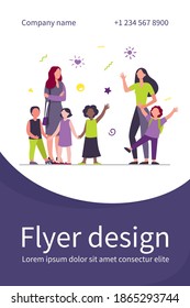 Classmates meeting at school. Mom leading son, group of school children with teacher flat vector illustration. Childhood, back to school concept for banner, website design or landing web page