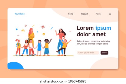Classmates meeting at school. Mom leading son, group of school children with teacher flat vector illustration. Childhood, back to school concept for banner, website design or landing web page