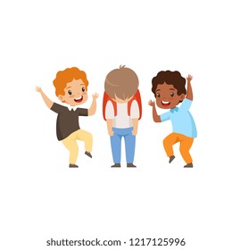 Classmates mocking sad boy, bad behavior, conflict between kids, mockery and bullying at school vector Illustration on a white background